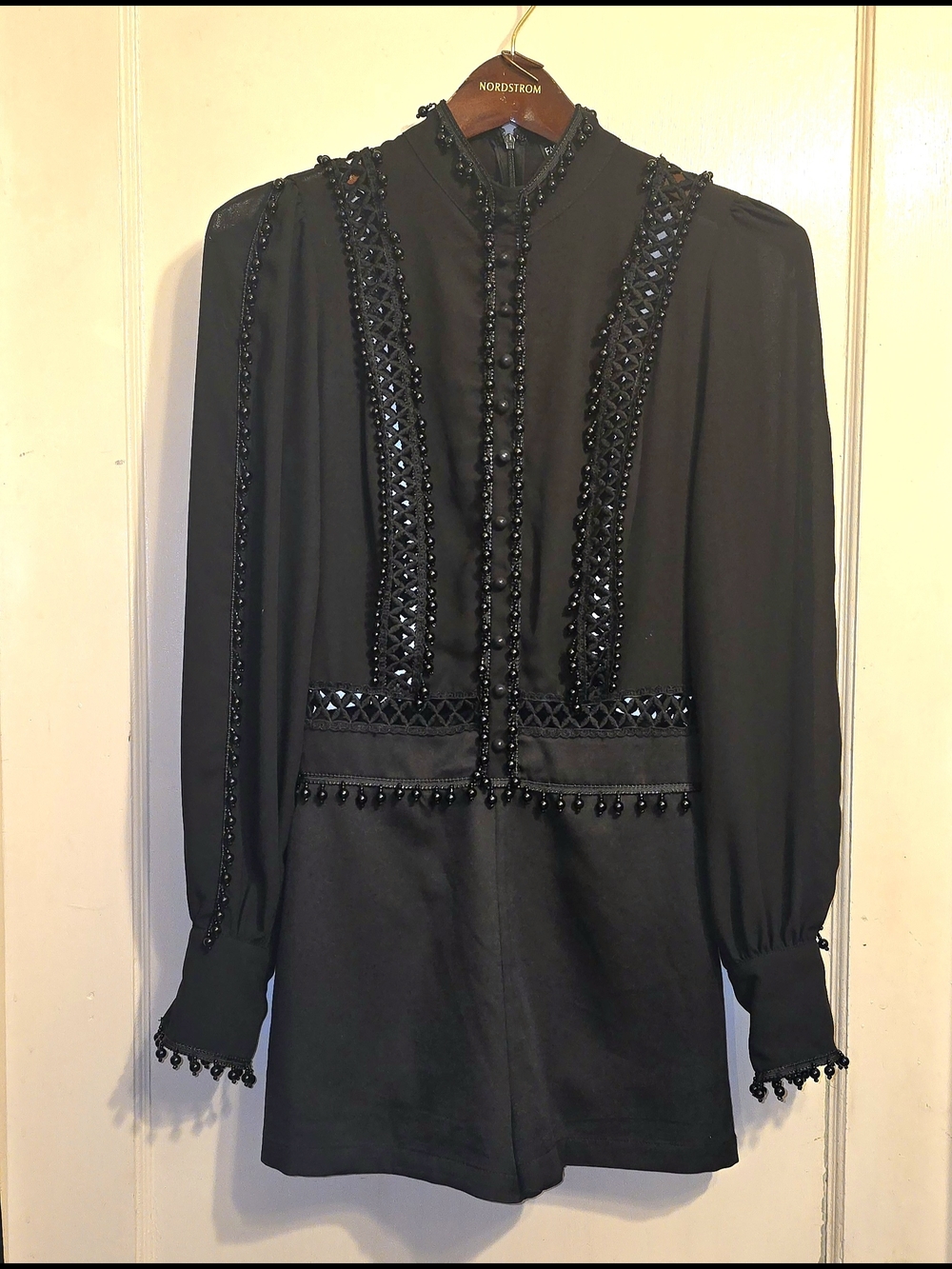 Pretty and Pearled Black Embellished Long-Sleeve Romper XS